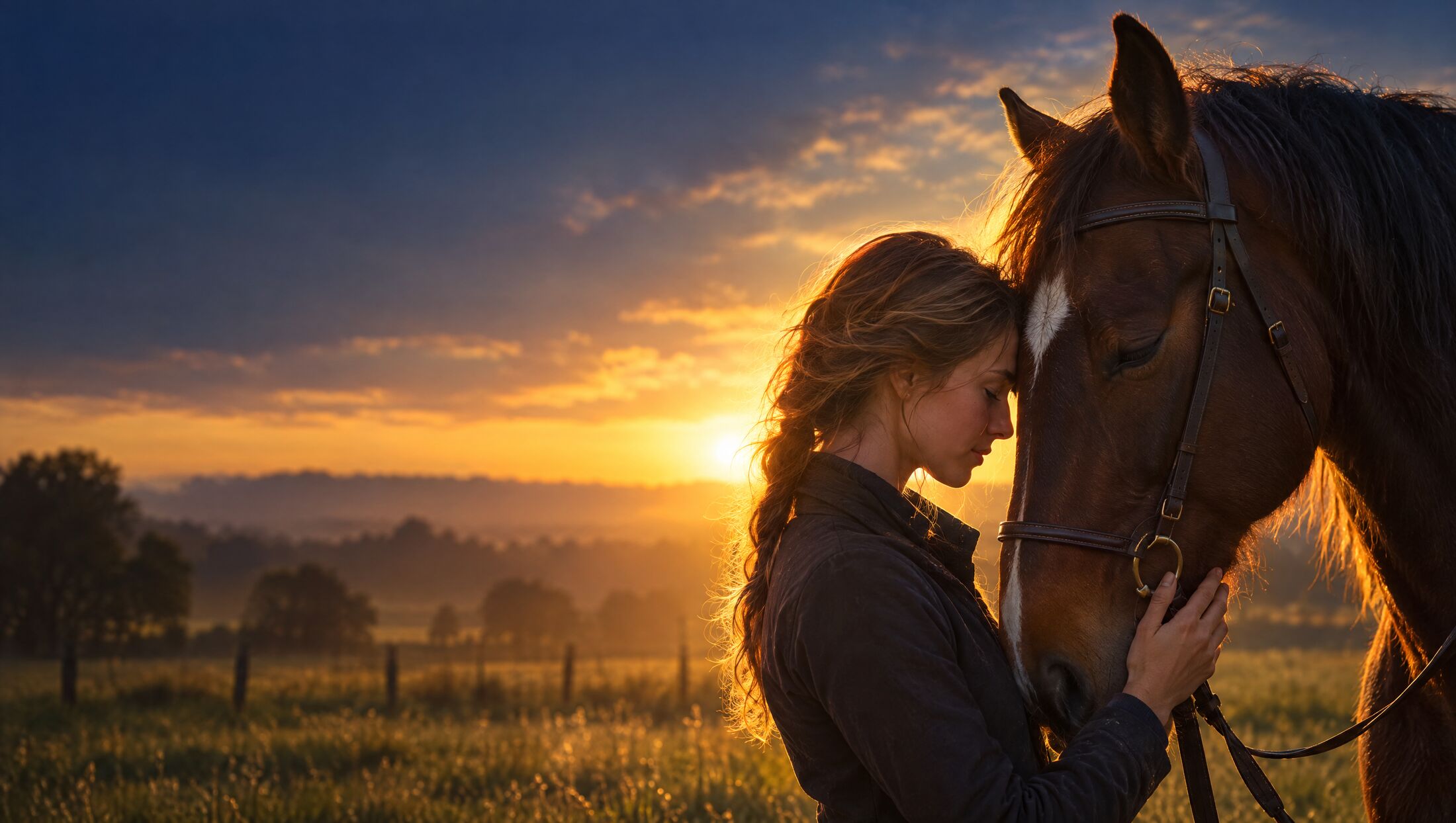 A rider resting her forehead against her horse at sunset