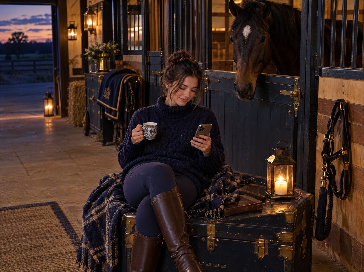 A rider relaxing with tea on a tack trunk, her horse watching over the stall door