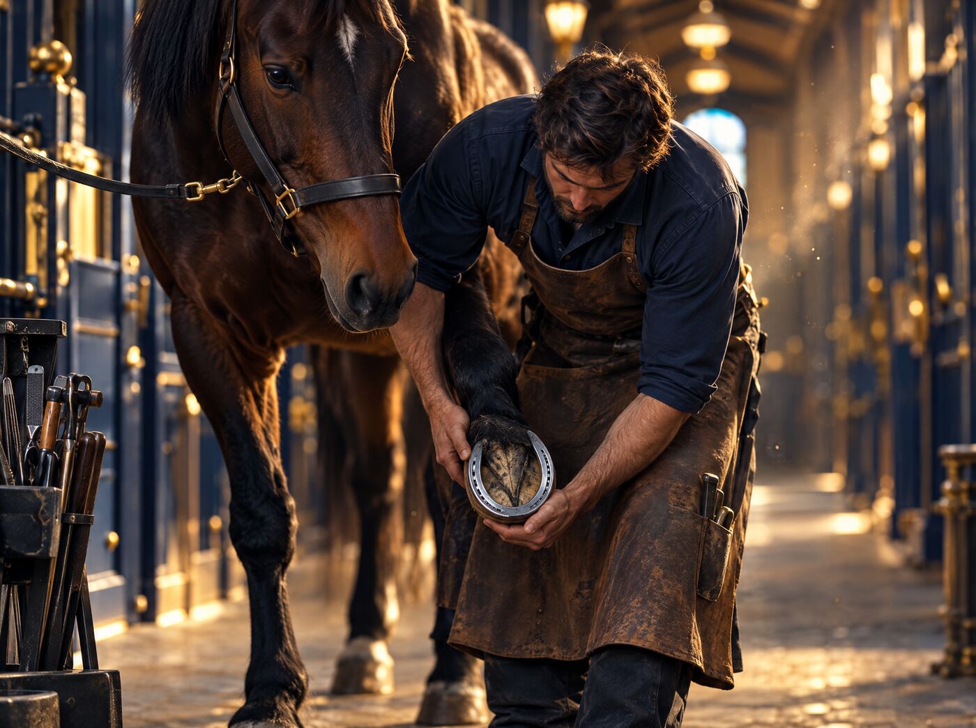 A farrier fitting a shoe to a bay horse