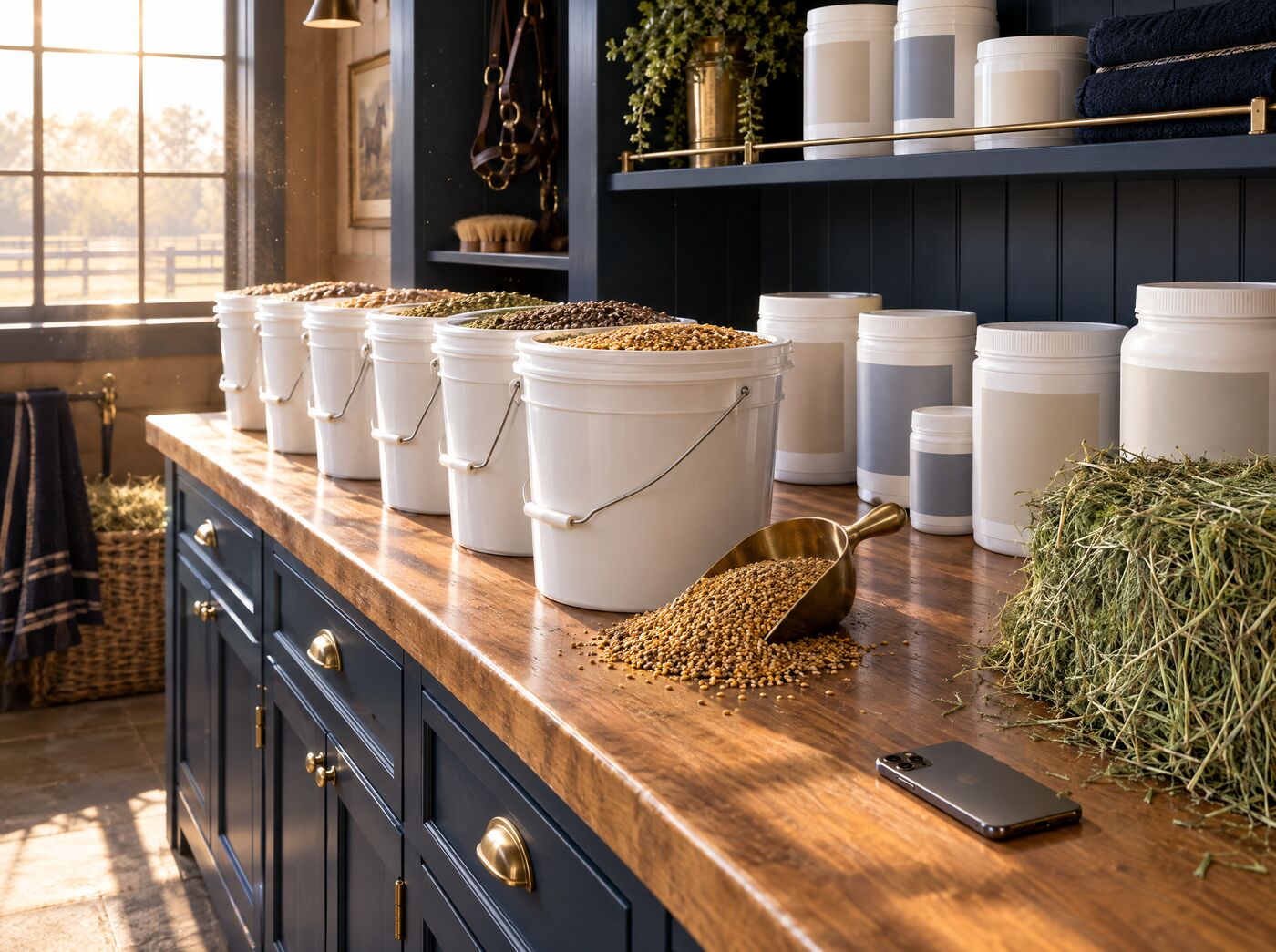 An immaculate feed room with buckets, grain and supplements
