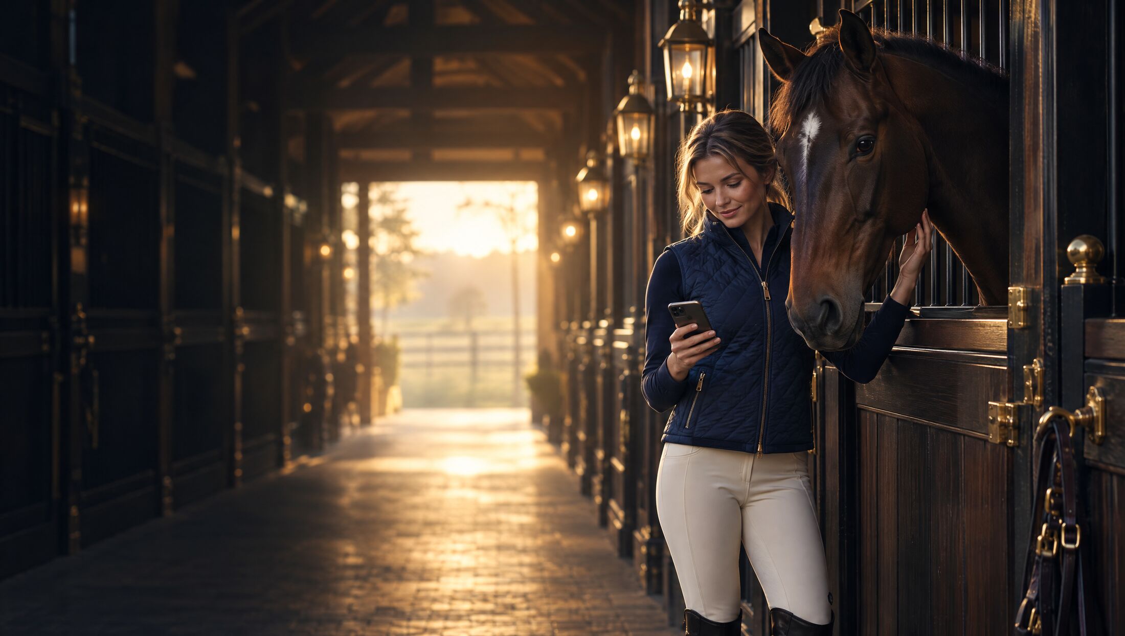 A rider checks Huxley on her phone beside her bay mare in a barn aisle at dawn
