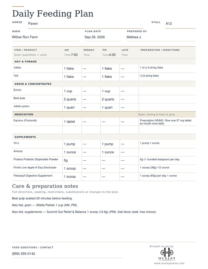 Huxley Daily Feeding Plan stall card