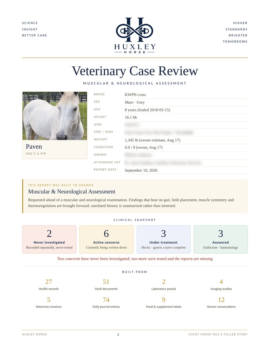 Veterinary Case Review, page 1: horse profile, clinical snapshot and what it was built from