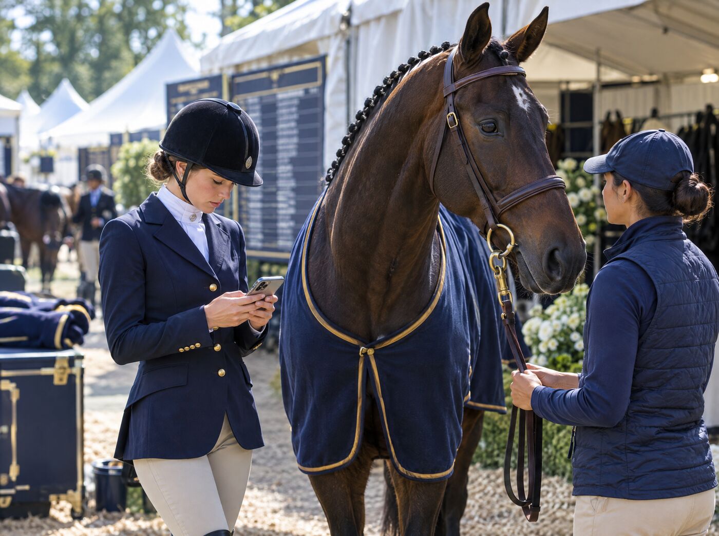 A rider checks her phone at the show while her groom holds her braided horse