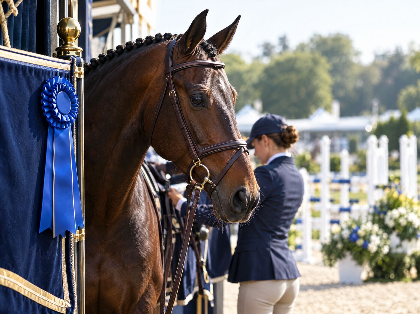 Braided bay horse with a blue ribbon at a horse show