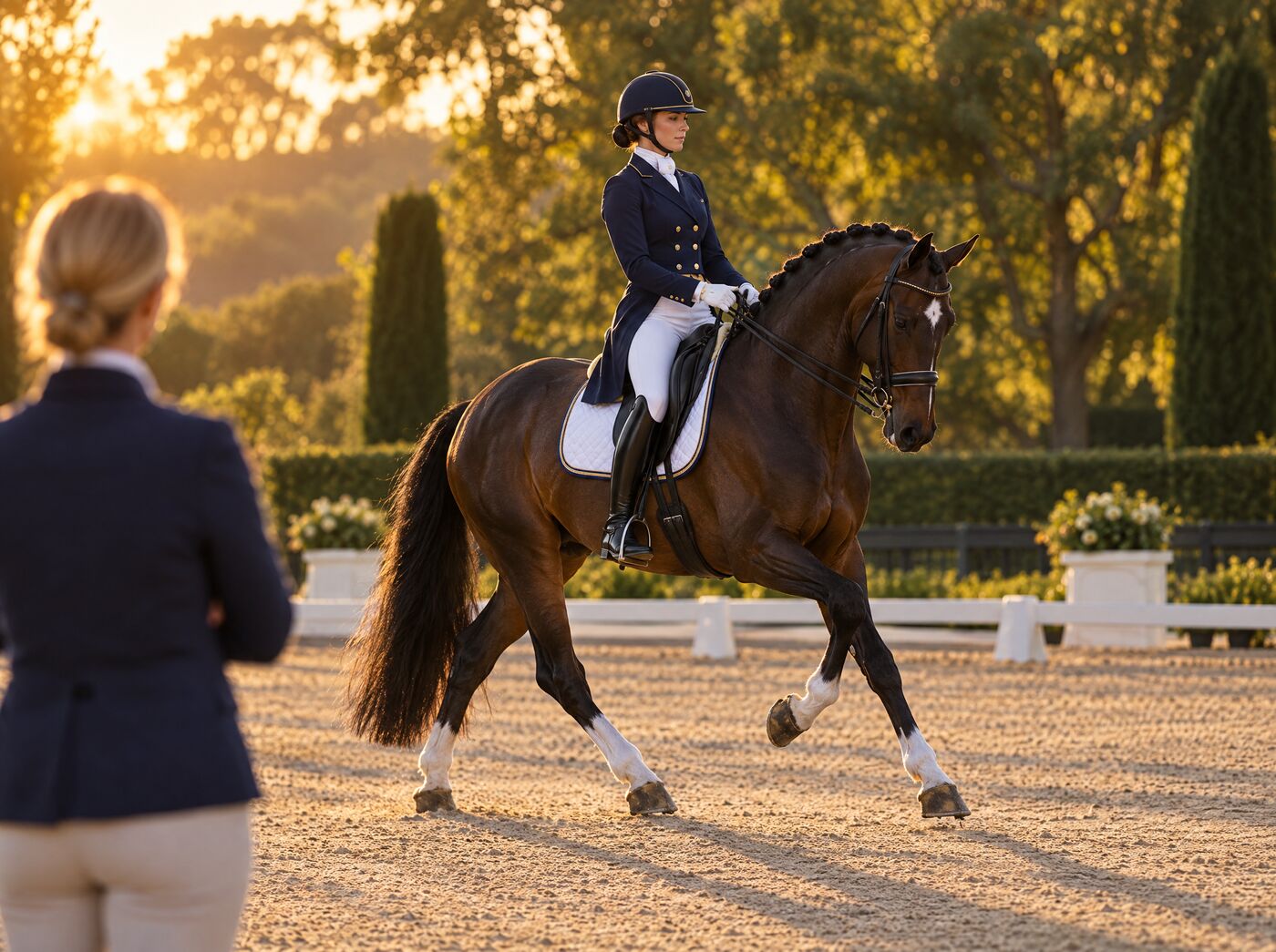 Dressage rider schooling a bay horse at golden hour