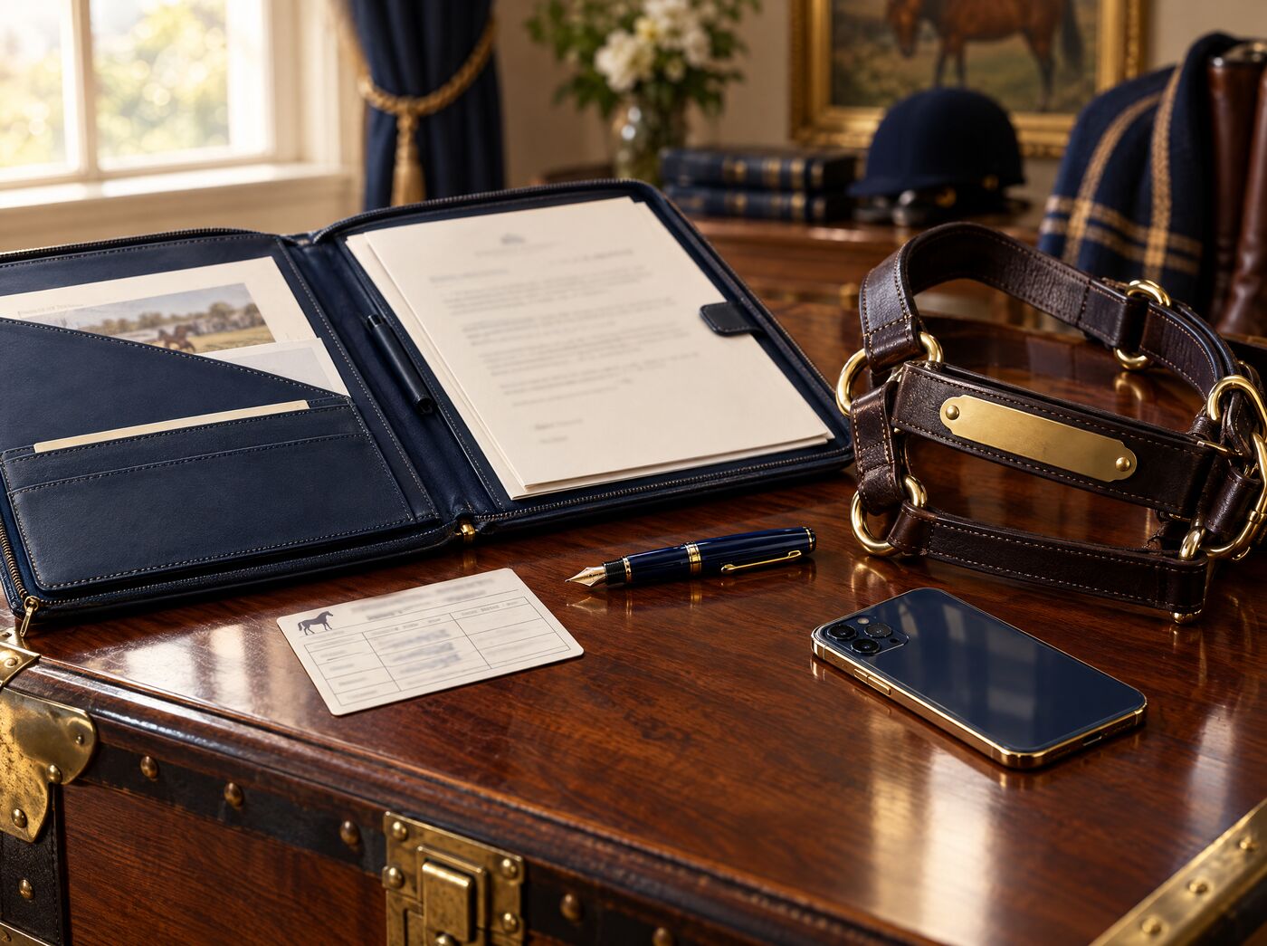 A leather portfolio of horse documents on a tack trunk